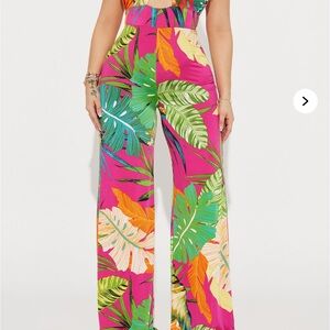 Fashion Nova Pink Tropical Leaf Jumpsuit